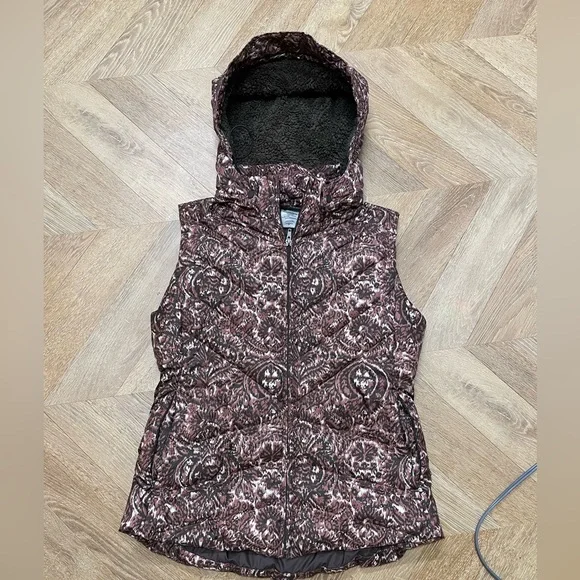 Patagonia Brown Paisley Hooded Down Puffer Vest Zip Up Women’s Size Medium - Picture 3 of 11